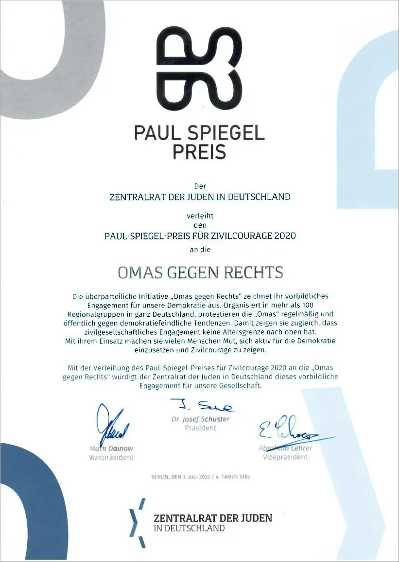 Urkunde Paul-Spiegel-Preis